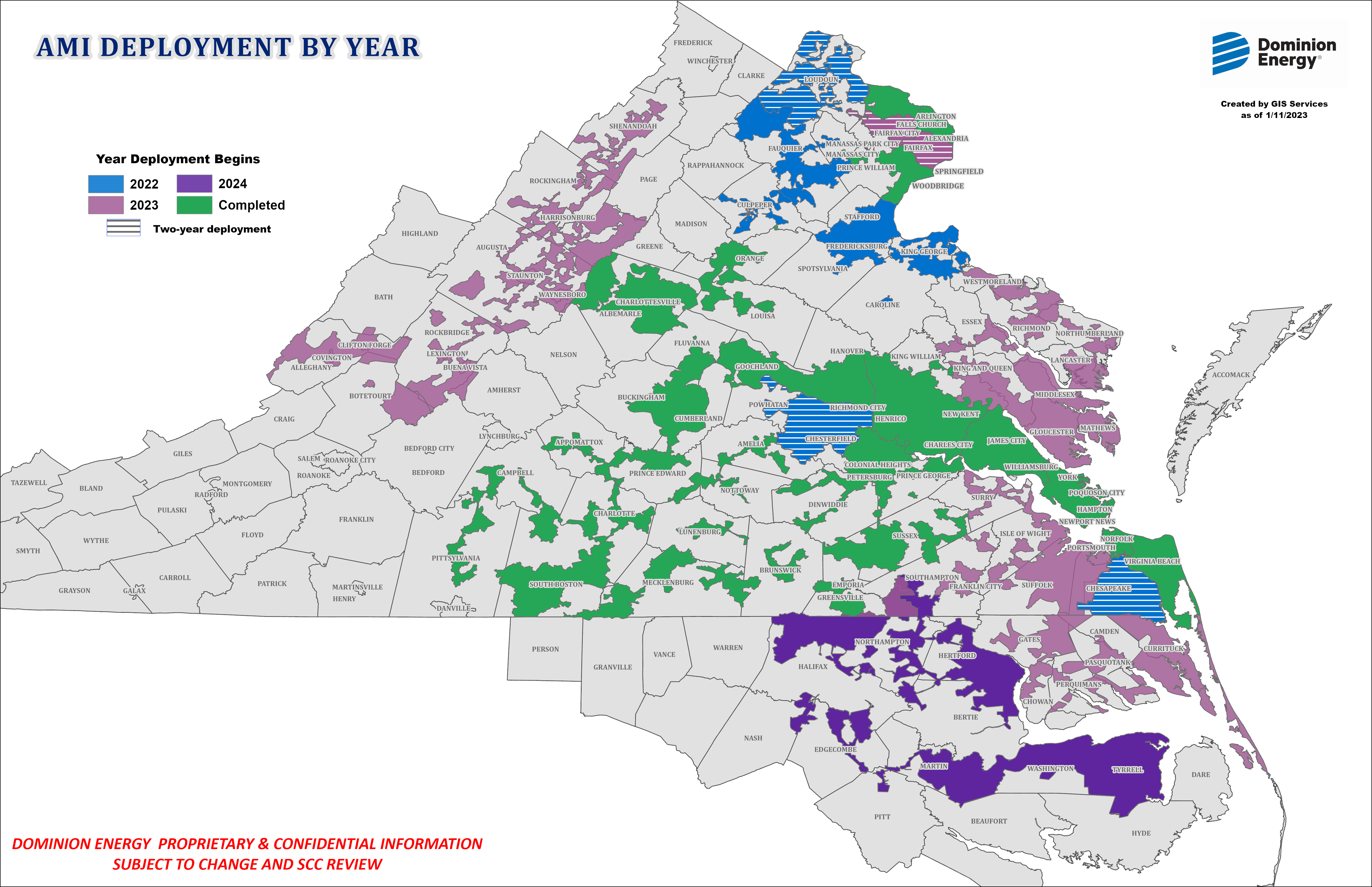 map showing locations of out smart meters in Virginia and North Carolina