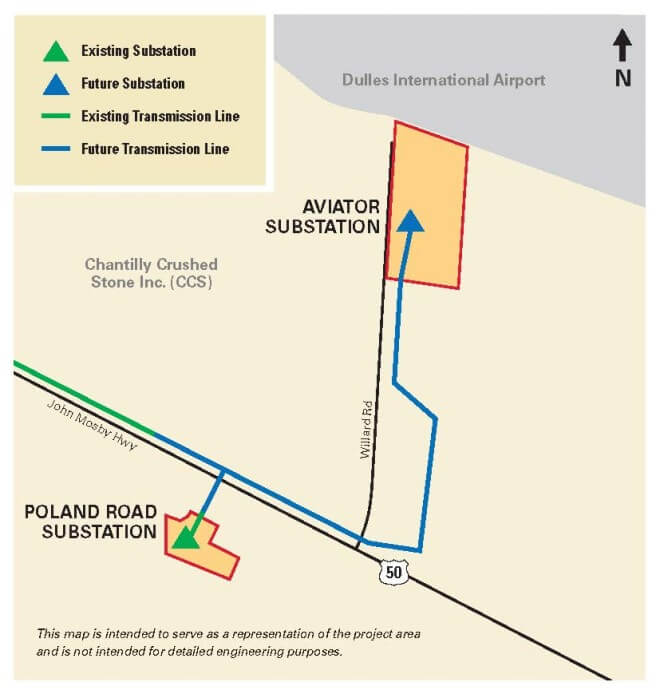 Aviator project map, showing future transmission line route from Poland Rd Substation, following John Mosby Hwy and Willard Rd, and ending at Aviator Substation