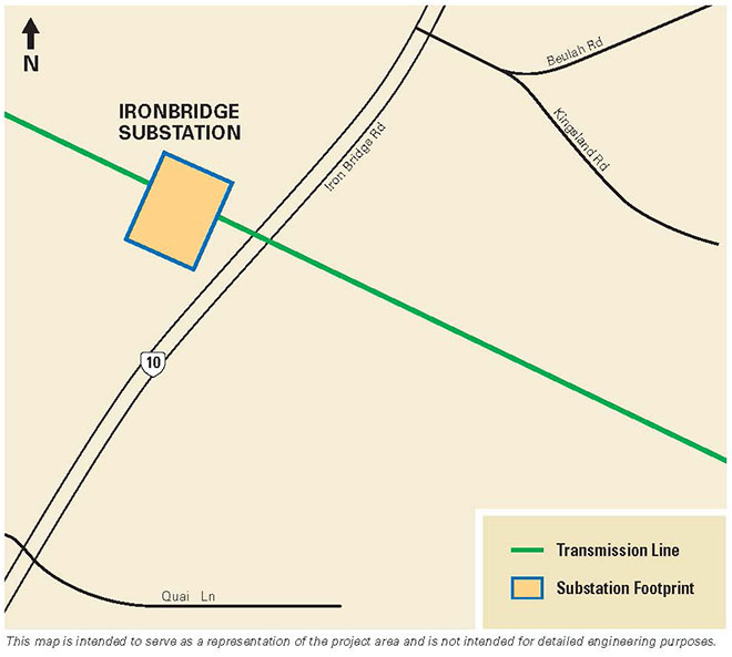 Map of Ironbridge Substation project, on Route 10 between Beulah Rd and Quai Ln