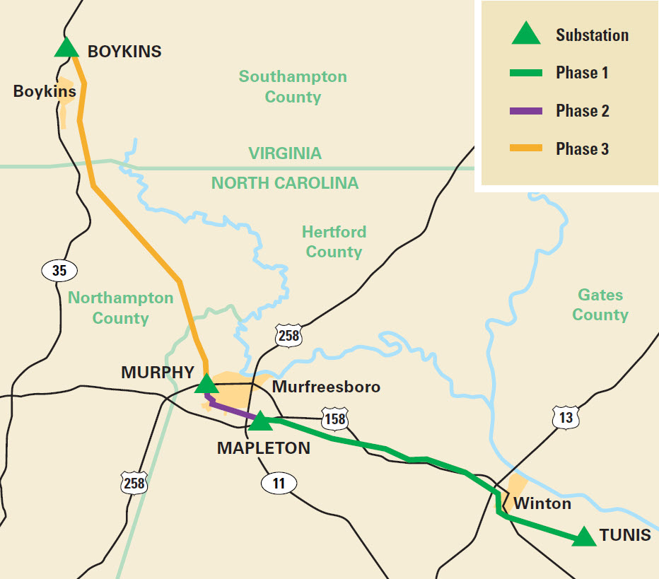 Tunis to Boykins Line 108 Project Map by Phase-December 2024