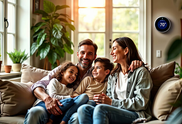 Family Sitting Together on Couch With Smart Thermostat on Wall