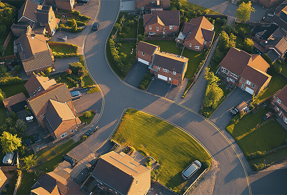 Aerial view of houses in neighborhood