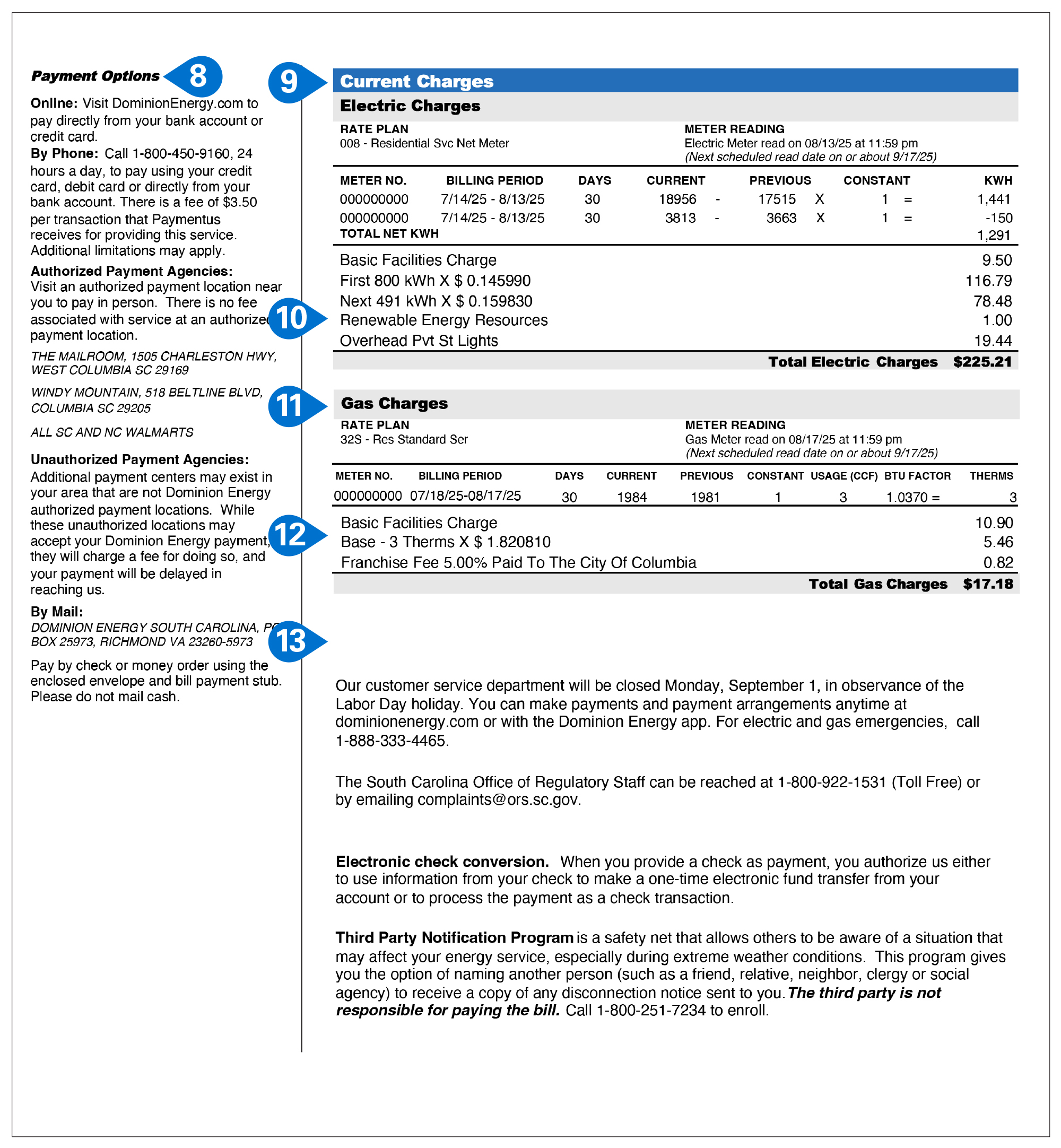 South Carolina Electric & Gas Bill Sample Items 8-13