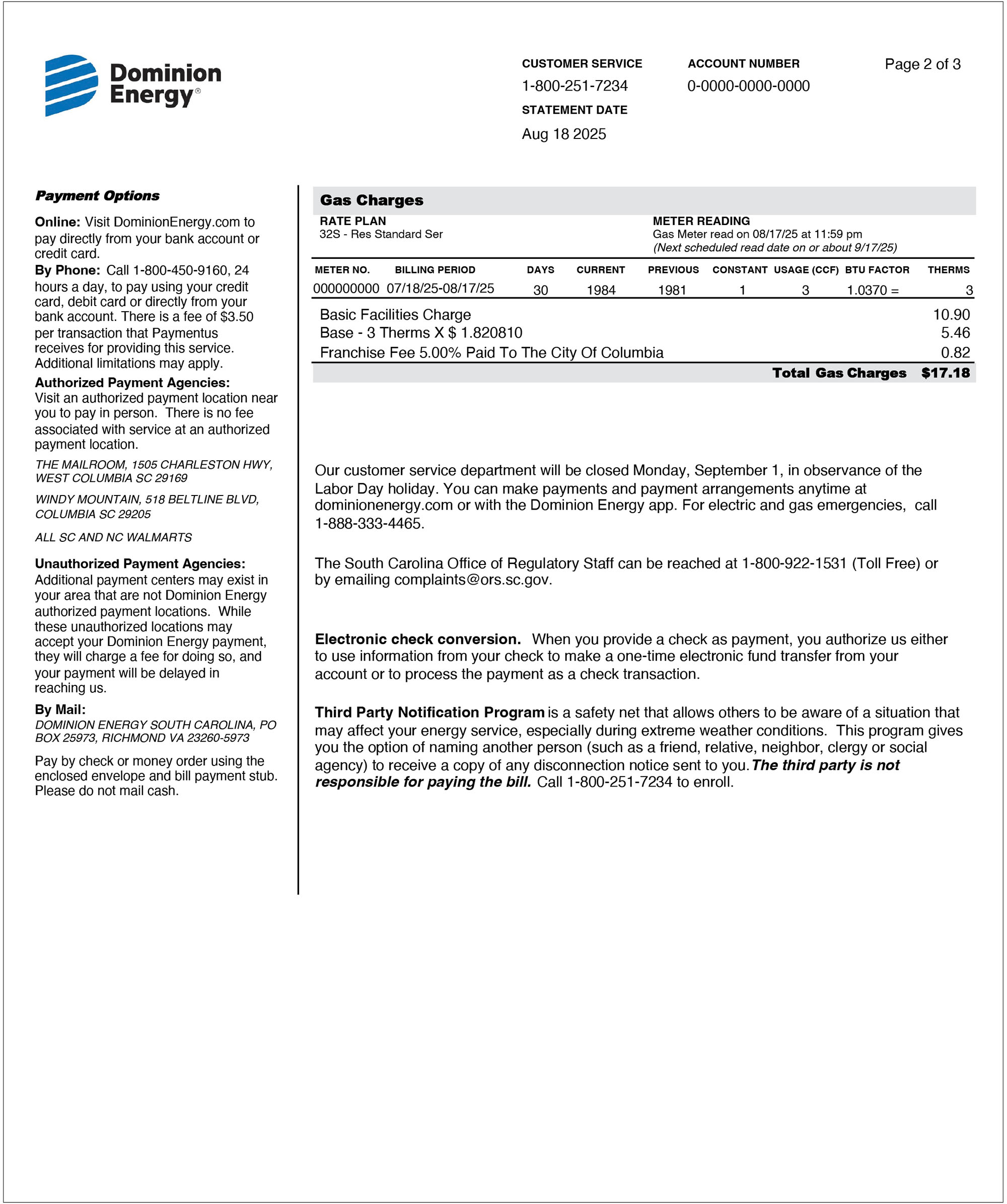 Back of a South Carolina electric & gas bill