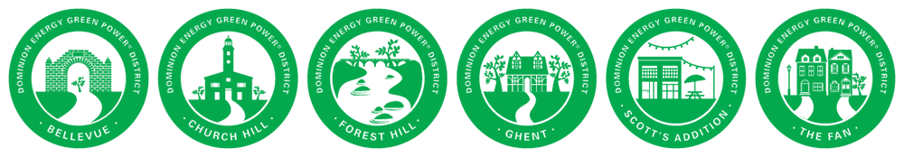Circular emblems of six Green Power Districts: Bellevue, Church Hill, Forest Hill, Ghent, Scott's Addition, and The Fan.