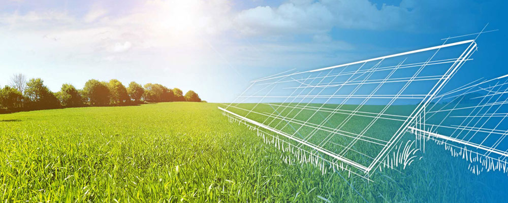 Solar panel drawn on image of land with sun and blue sky
