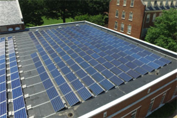 A grid of solar panels on the roof of St. Catherine's